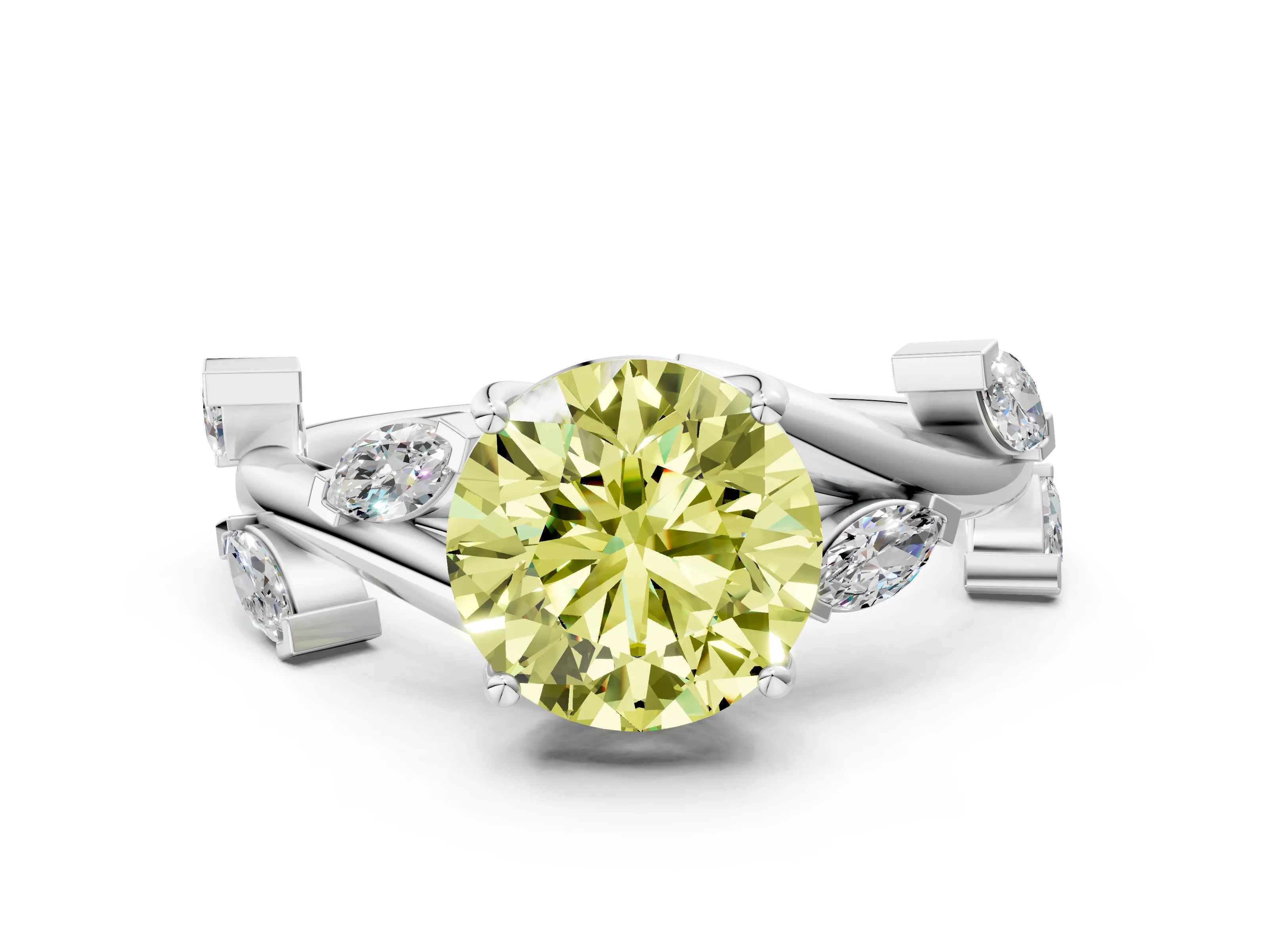 White gold Fancy Yellow Round Cut Solitaire Twisted Band Marquise Accent Prong Setting Ring
