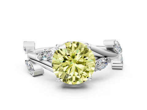 White gold Fancy Yellow Round Cut Solitaire Twisted Band Marquise Accent Prong Setting Ring
