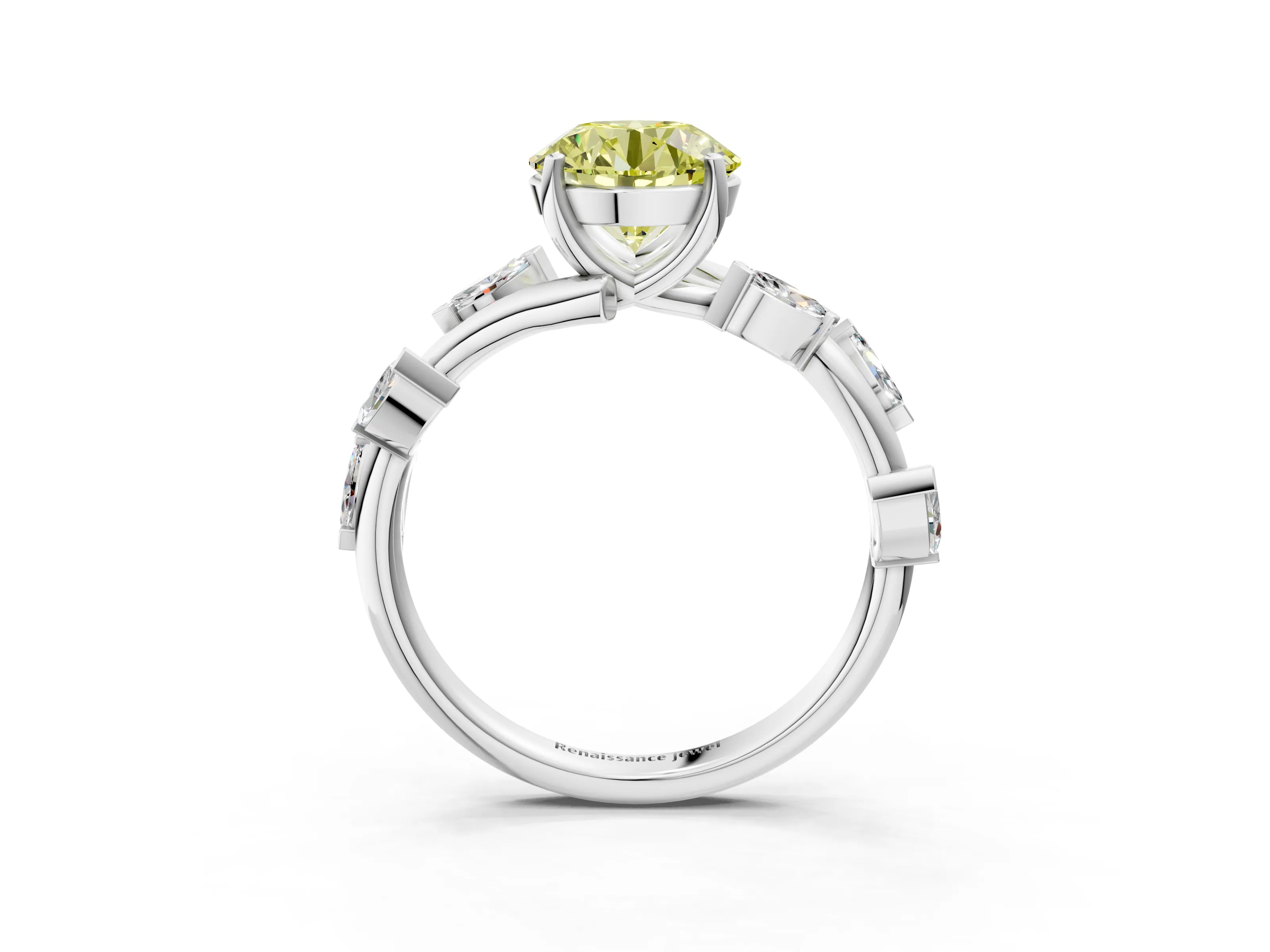 White gold Fancy Yellow Round Cut Solitaire Twisted Band Marquise Accent Prong Setting Ring_3