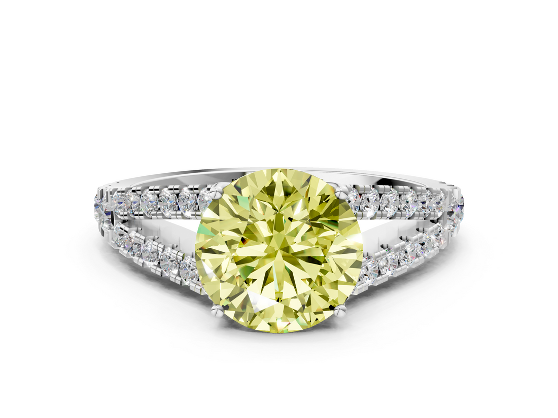 White gold Fancy Yellow Round  Cut Split Shank Pave Diamond Engagement Ring with Four-Prong Setting