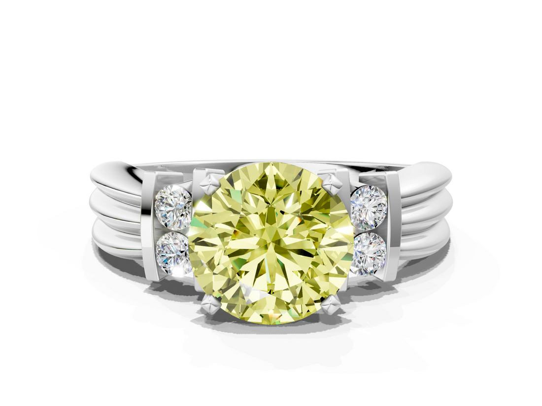 White gold Fancy Yellow Round  Cut Three-Stone Channel Set Ring with Bar Prongs_8