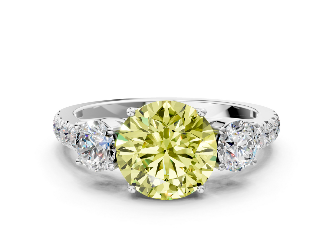 White gold Fancy Yellow Round  Cut Three-Stone Diamond Pave Band with Prong Setting_17