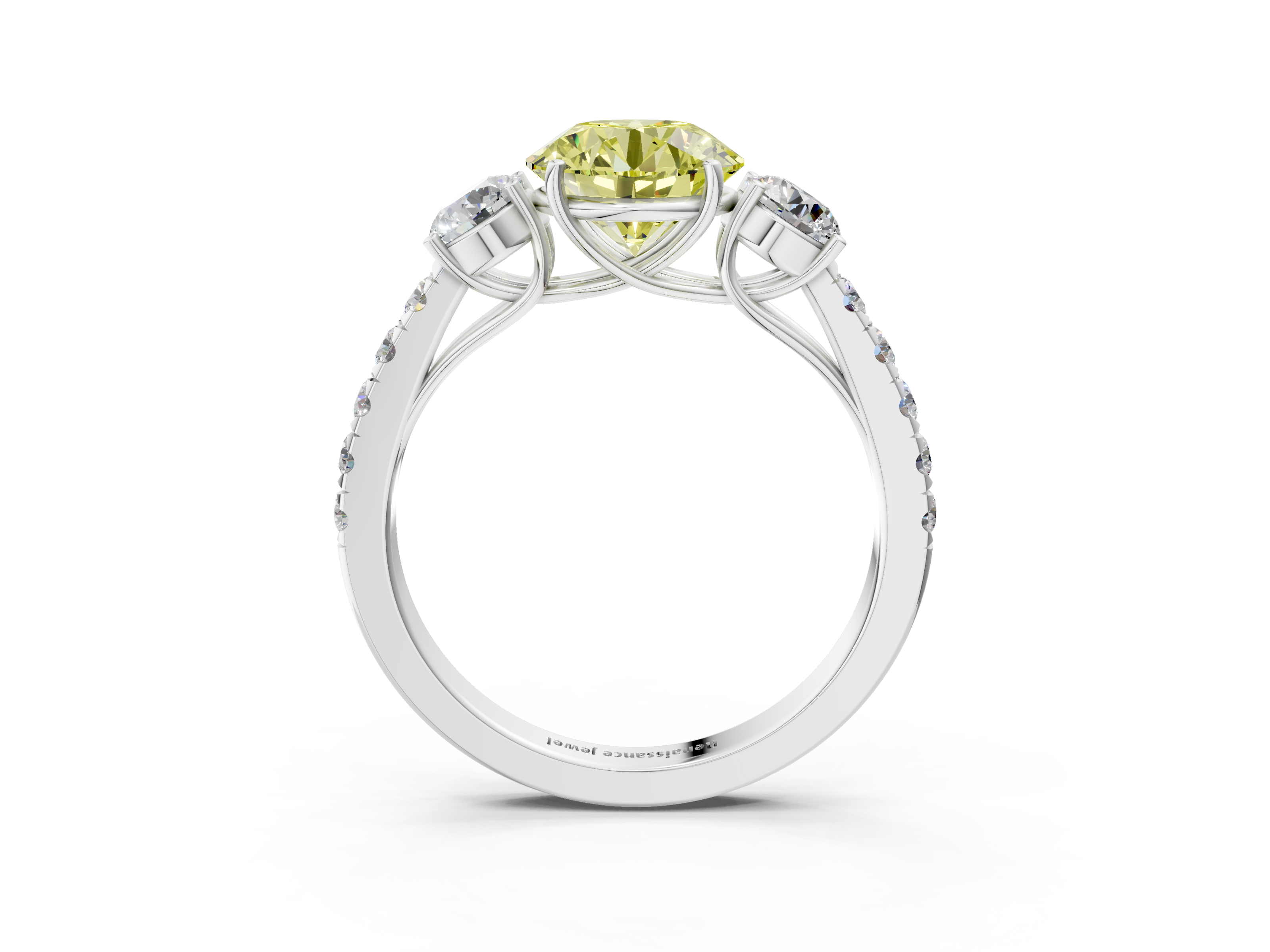 White gold Fancy Yellow Round  Cut Three-Stone Diamond Pave Band with Prong Setting_20
