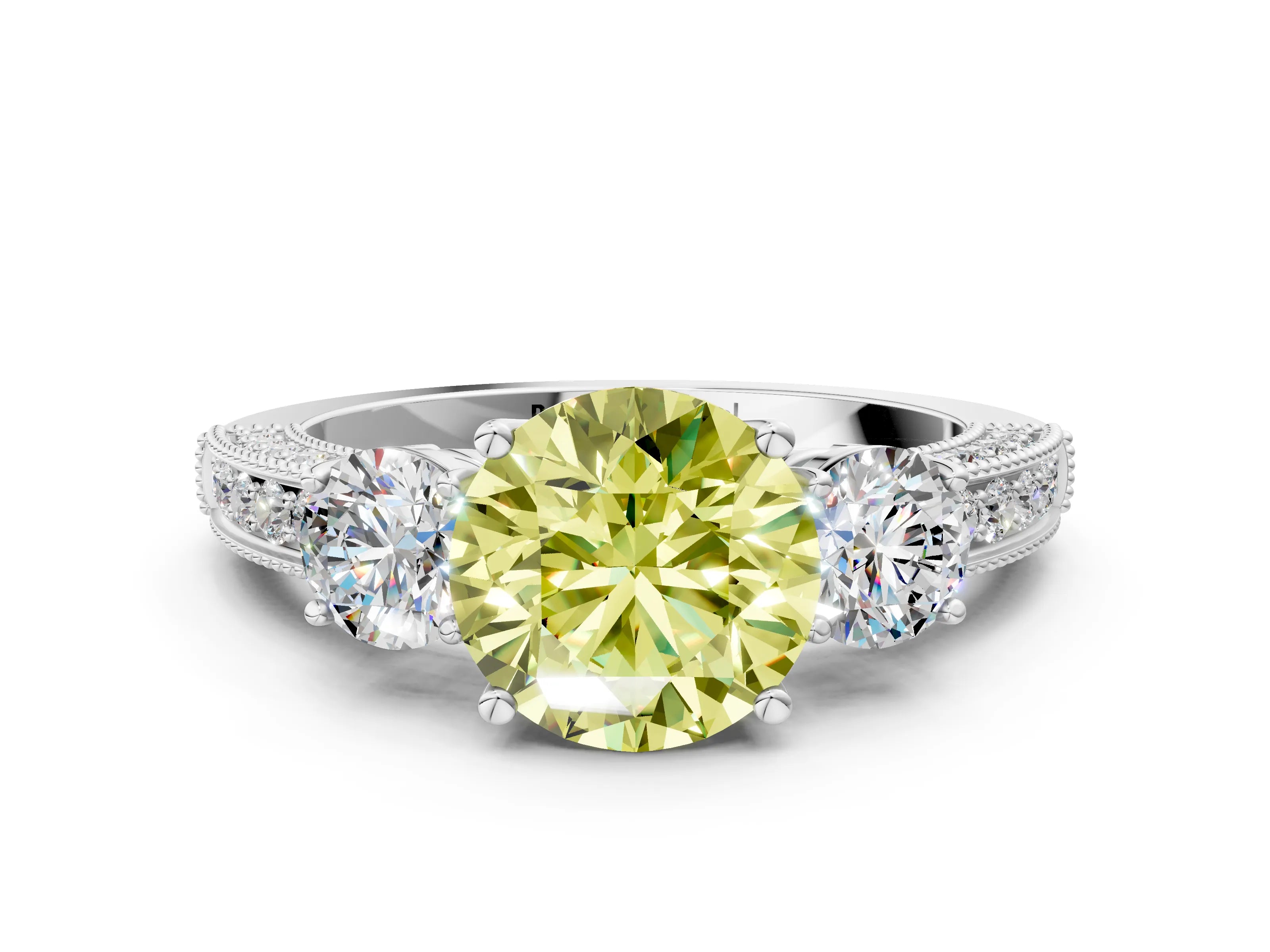 White gold Fancy Yellow Round Cut Three-Stone Diamond Ring with Pavé Band and Four-Prong Setting_12