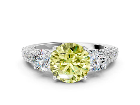 White gold Fancy Yellow Round Cut Three-Stone Diamond Ring with Pavé Band and Four-Prong Setting_12