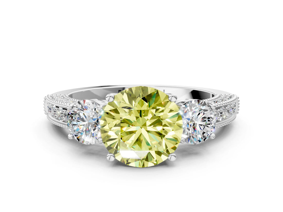 White gold Fancy Yellow Round Cut Three-Stone Diamond Ring with Pavé Band and Four-Prong Setting_12