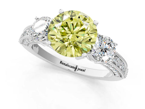 White gold Fancy Yellow Round Cut Three-Stone Diamond Ring with Pavé Band and Four-Prong Setting_13