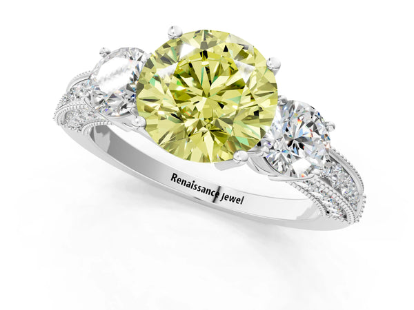 White gold Fancy Yellow Round Cut Three-Stone Diamond Ring with Pavé Band and Four-Prong Setting