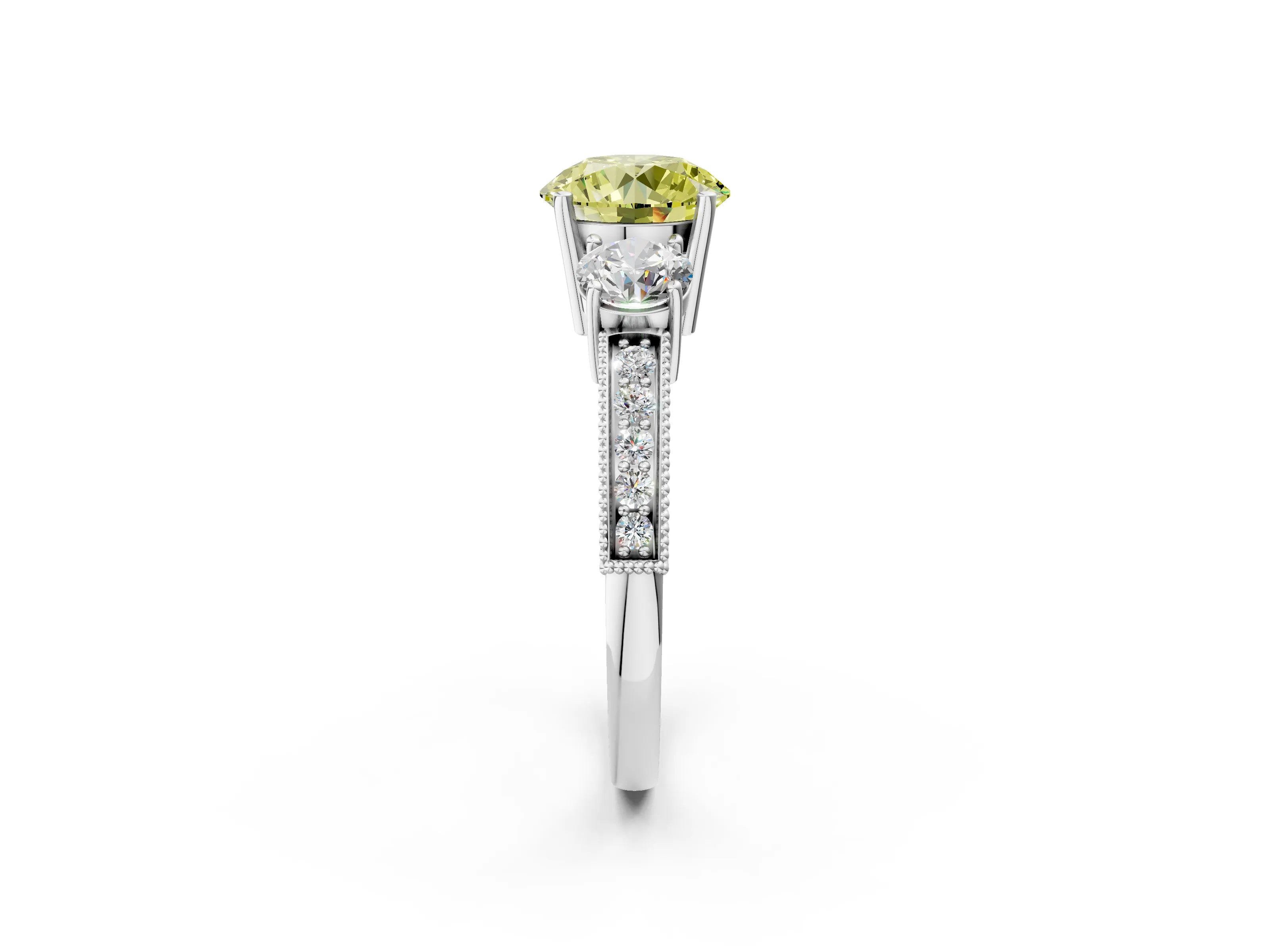 White gold Fancy Yellow Round Cut Three-Stone Diamond Ring with Pavé Band and Four-Prong Setting_14