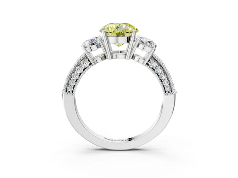 White gold Fancy Yellow Round Cut Three-Stone Diamond Ring with Pavé Band and Four-Prong Setting_15