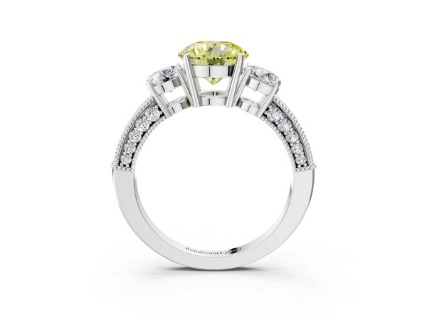 White gold Fancy Yellow Round Cut Three-Stone Diamond Ring with Pavé Band and Four-Prong Setting