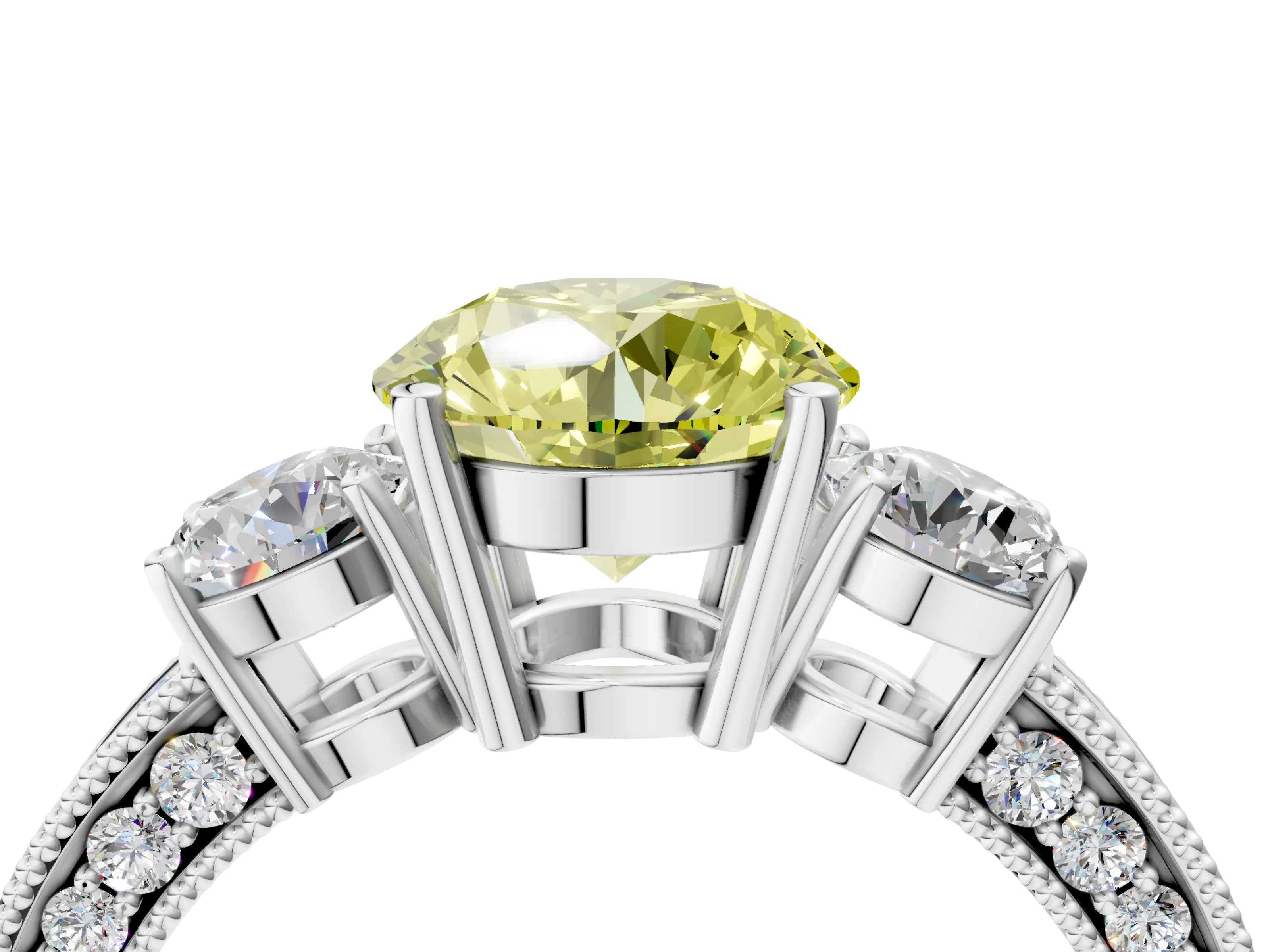 White gold Fancy Yellow Round Cut Three-Stone Diamond Ring with Pavé Band and Four-Prong Setting_16