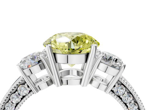 White gold Fancy Yellow Round Cut Three-Stone Diamond Ring with Pavé Band and Four-Prong Setting_16