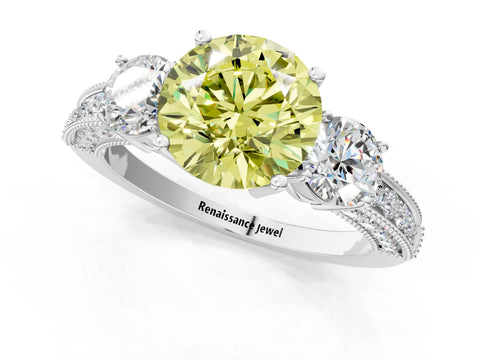 White gold Fancy Yellow Round Cut Three-Stone Diamond Ring with Pavé Band and Four-Prong Setting_1