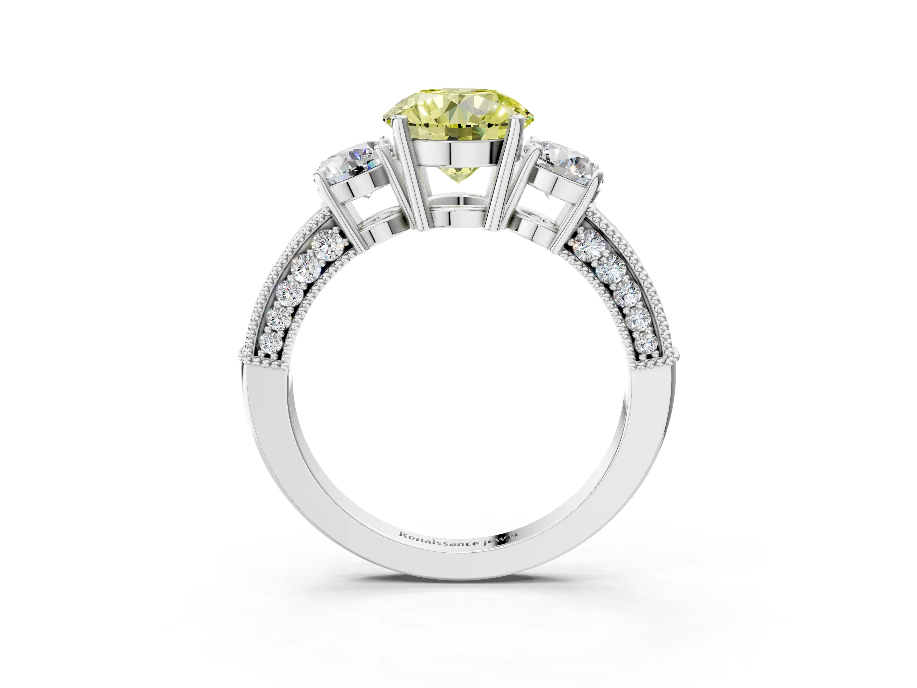 White gold Fancy Yellow Round Cut Three-Stone Diamond Ring with Pavé Band and Four-Prong Setting_3