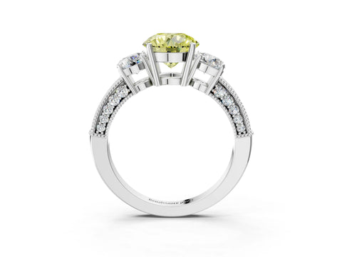 White gold Fancy Yellow Round Cut Three-Stone Diamond Ring with Pavé Band and Four-Prong Setting_3