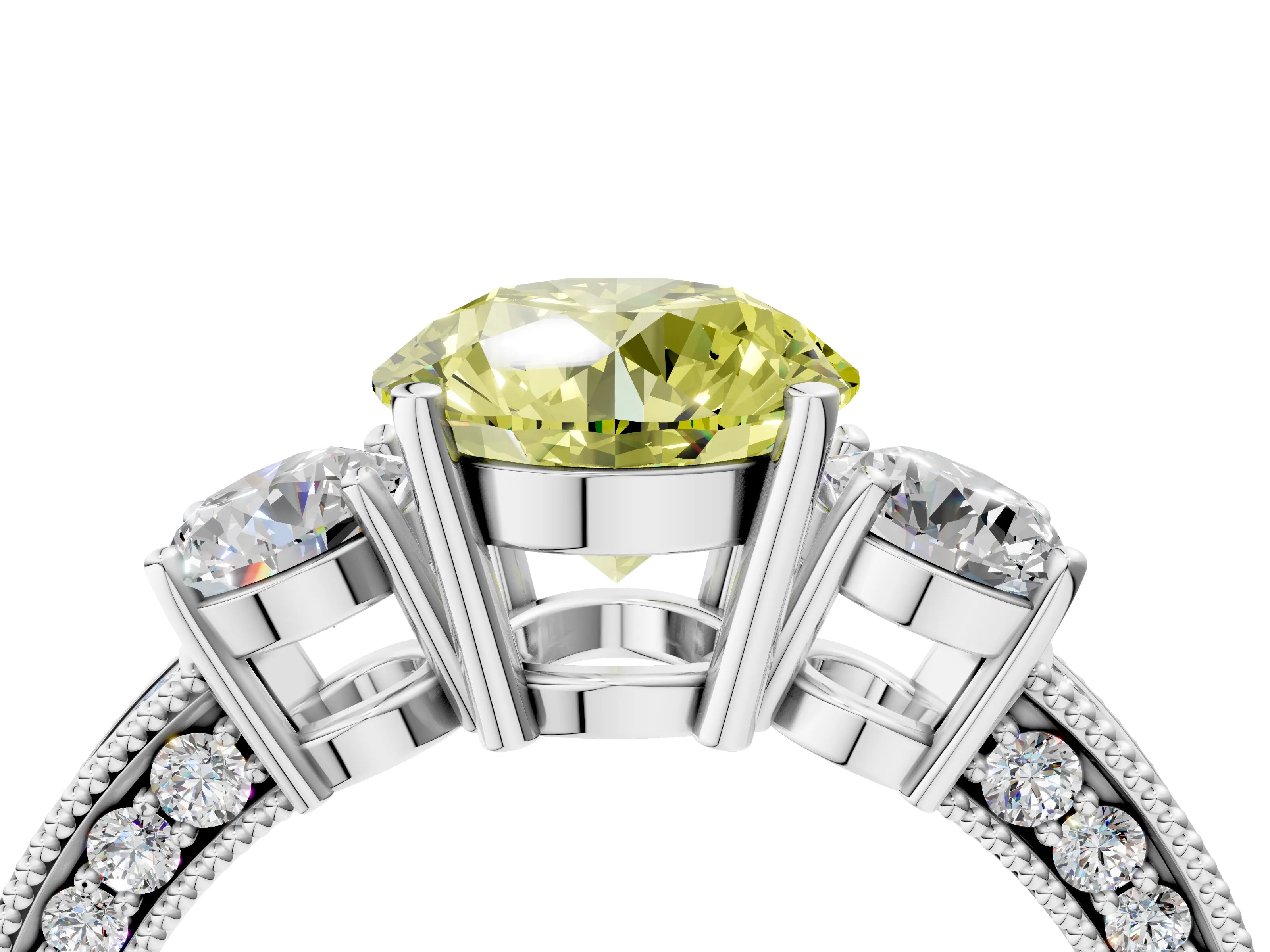 White gold Fancy Yellow Round Cut Three-Stone Diamond Ring with Pavé Band and Four-Prong Setting_4