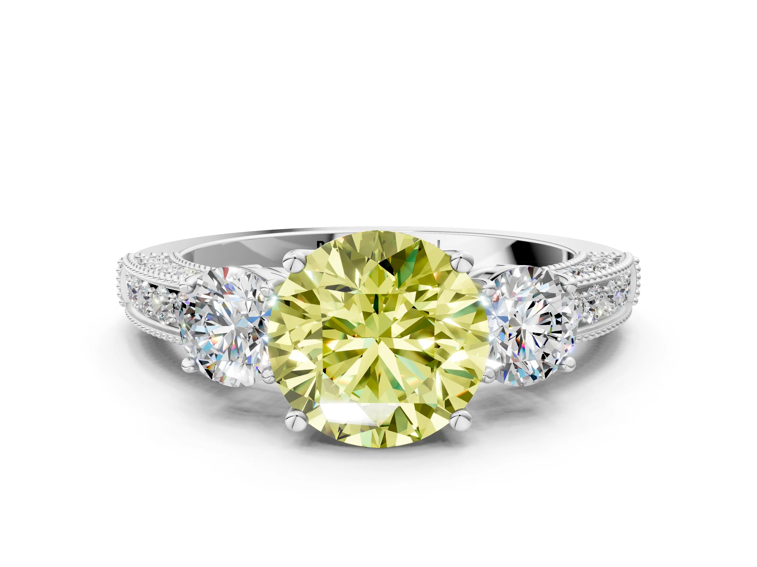 White gold Fancy Yellow Round Cut Three-Stone Diamond Ring with Pavé Band and Four-Prong Setting