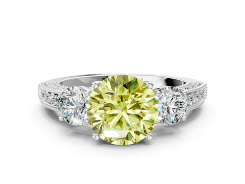 White gold Fancy Yellow Round Cut Three-Stone Diamond Ring with Pavé Band and Four-Prong Setting