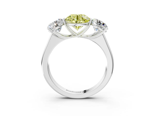 Platinum Fancy Yellow Round Cut Three-Stone Diamond Ring with Prong Setting on a Classic Band