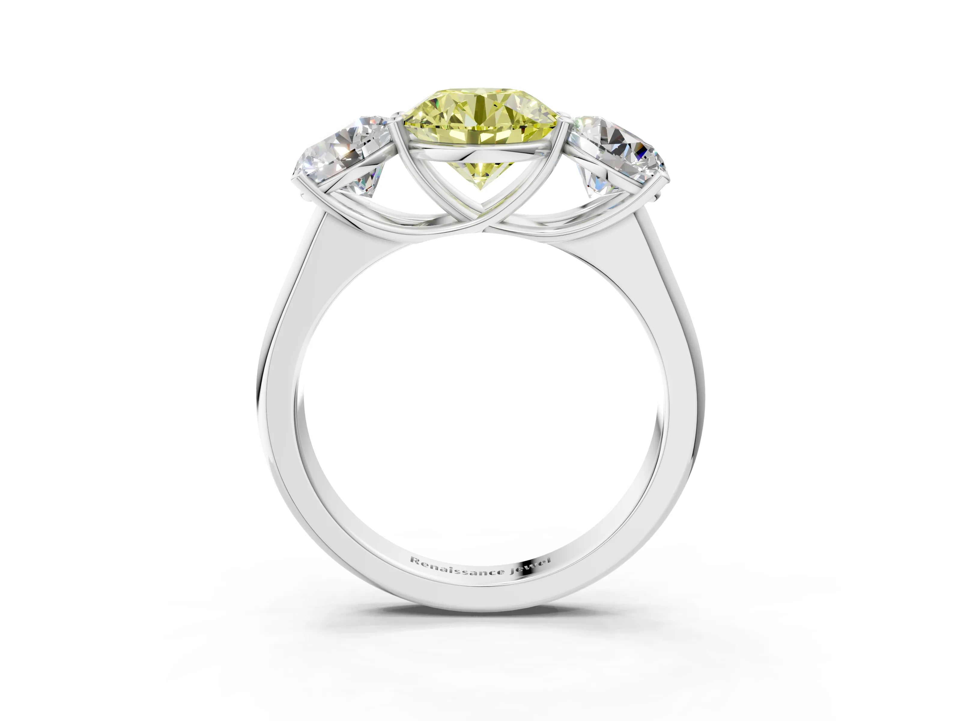 White gold Fancy Yellow Round Cut Three-Stone Diamond Ring with Prong Setting on a Classic Band_3