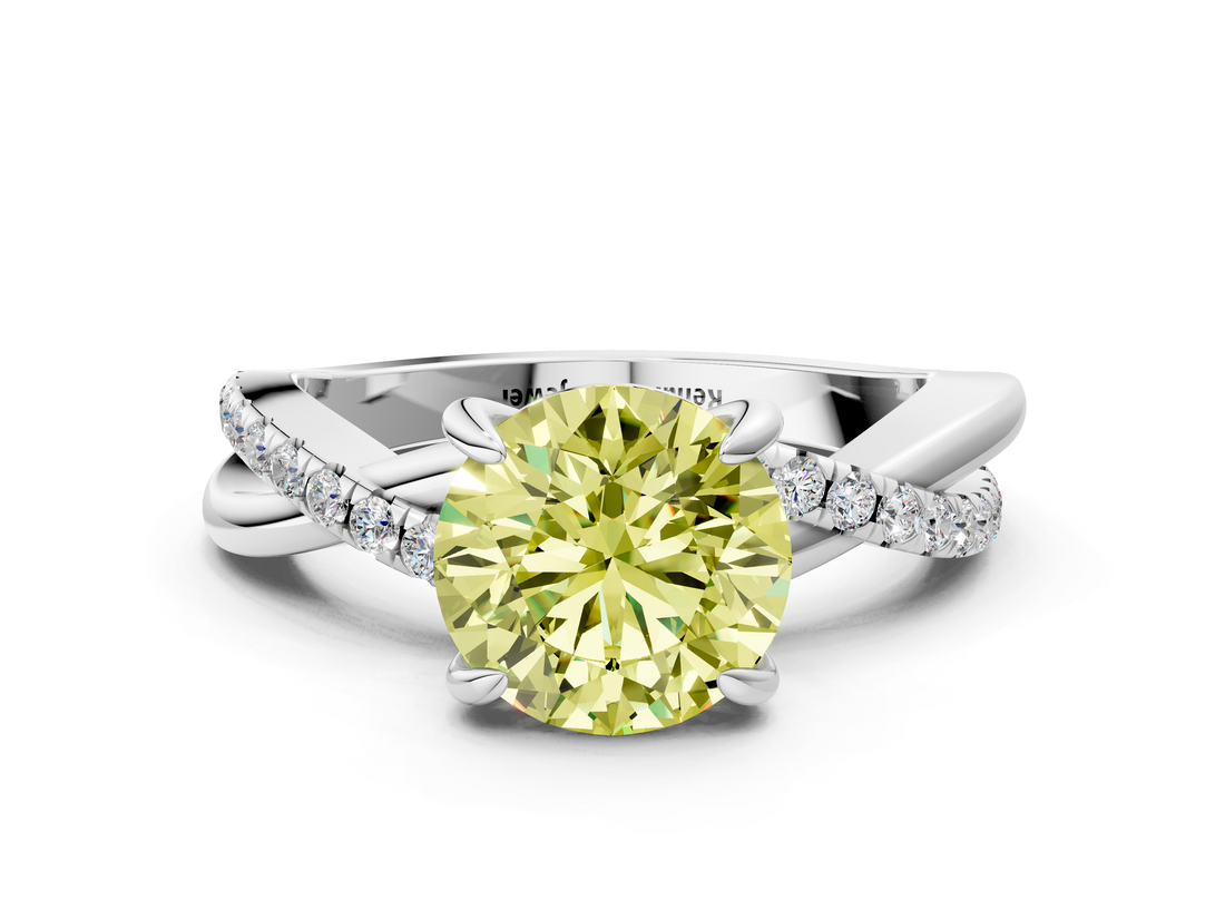 White gold Fancy Yellow Round  Cut Twist Band Solitaire Diamond Ring with Pavé Setting_3
