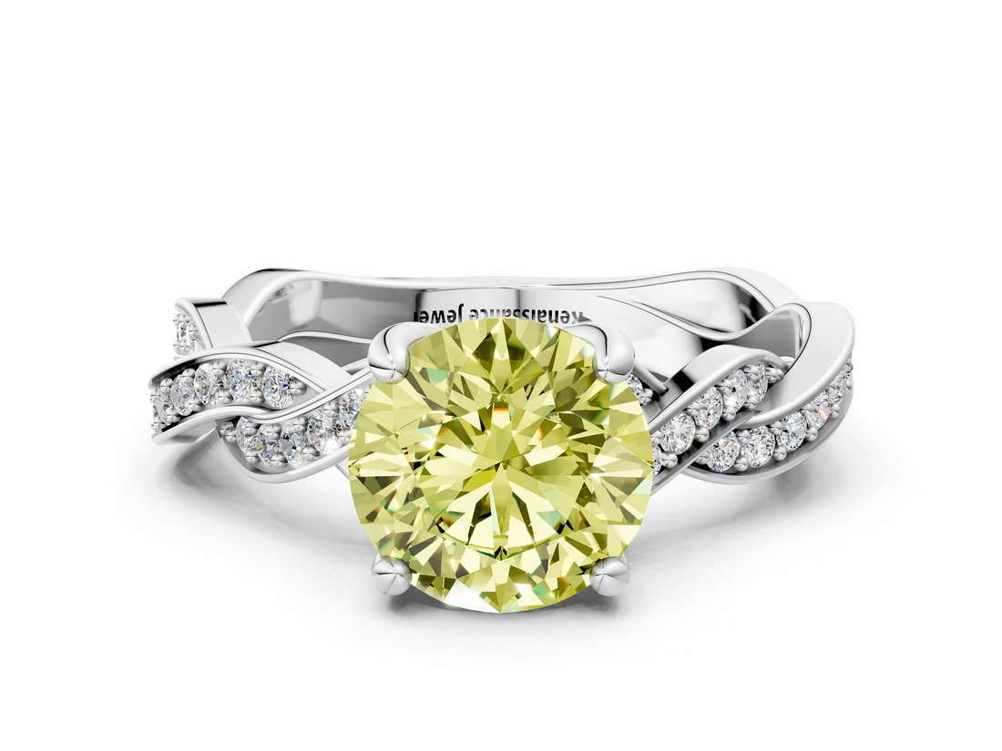 White gold Fancy Yellow Round  Cut Twisted Pavé Band Solitaire Ring with Four-Prong Setting