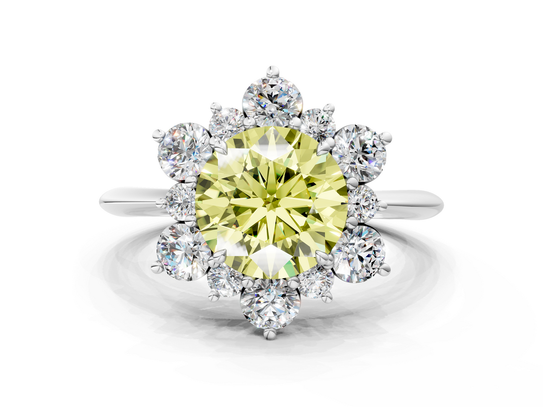 White gold Fancy Yellow Round  Diamond Cluster Halo Ring with Solitaire Band and Four-Prong Setting