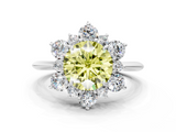 White gold Fancy Yellow Round  Diamond Cluster Halo Ring with Solitaire Band and Four-Prong Setting