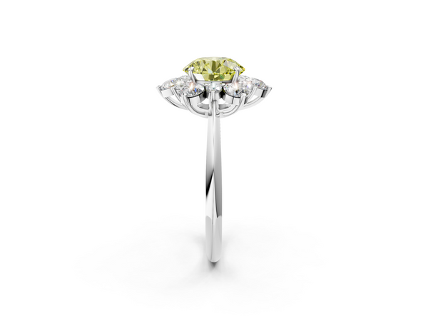 White gold Fancy Yellow Round  Diamond Cluster Halo Ring with Solitaire Band and Four-Prong Setting