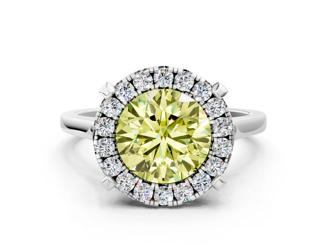 White gold Fancy Yellow Round  Diamond Cluster Halo Solitaire with Four-Prong Setting_35