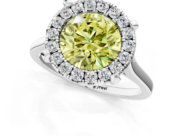 White gold Fancy Yellow Round  Diamond Cluster Halo Solitaire with Four-Prong Setting