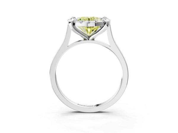 White gold Fancy Yellow Round  Diamond Cluster Halo Solitaire with Four-Prong Setting