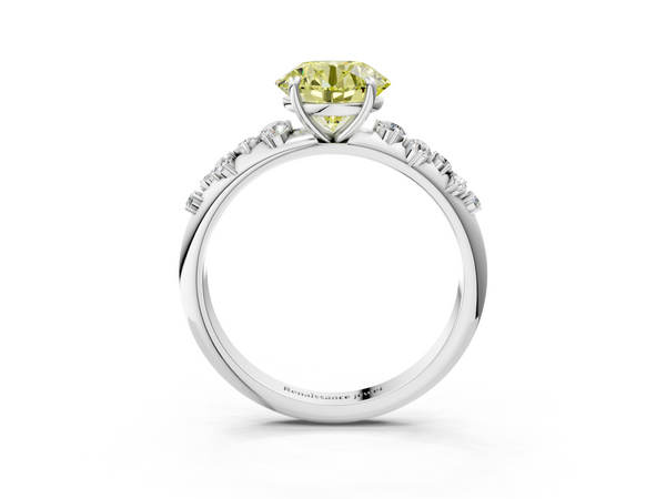 White gold Fancy Yellow Round  Diamond Cluster Prong-Set Solitaire Ring