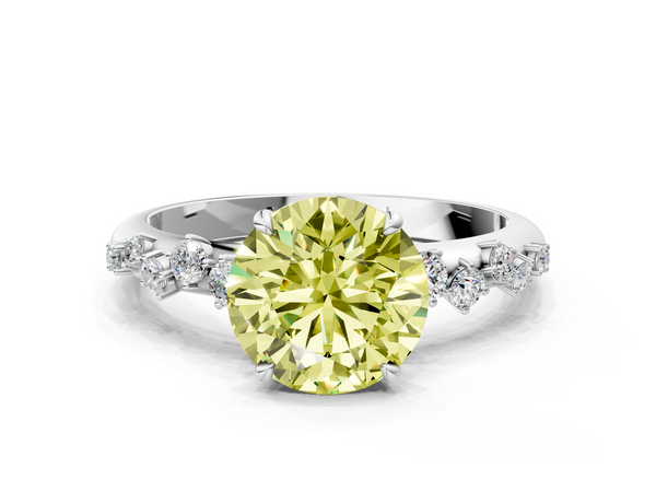White gold Fancy Yellow Round  Diamond Cluster Prong-Set Solitaire Ring