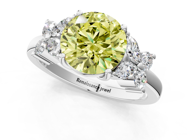 White gold Fancy Yellow Round  Diamond Floral Cluster Ring with Solitaire Band and Prong Setting