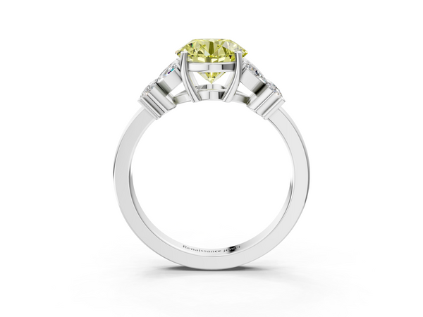 White gold Fancy Yellow Round  Diamond Floral Cluster Ring with Solitaire Band and Prong Setting