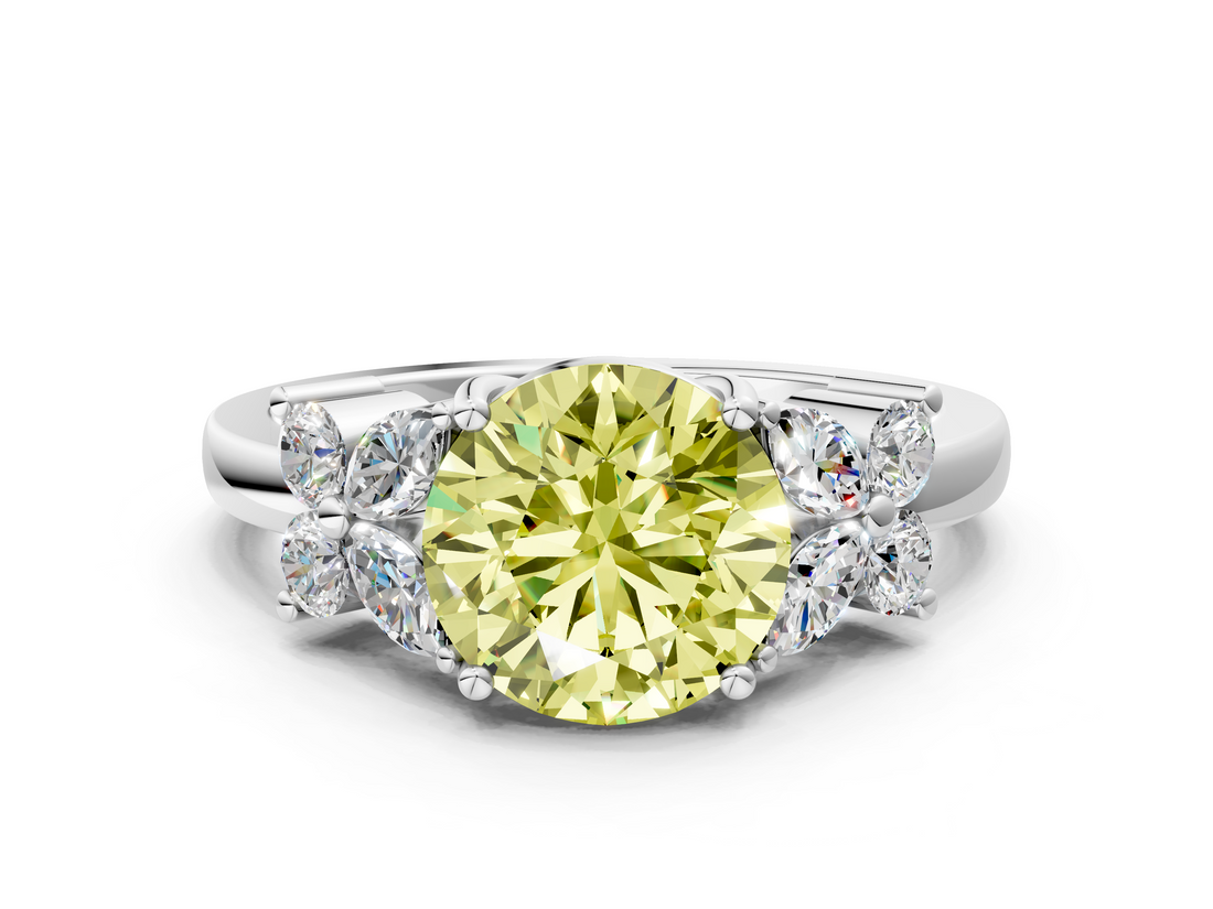 White gold Fancy Yellow Round  Diamond Floral Cluster Ring with Solitaire Band and Prong Setting