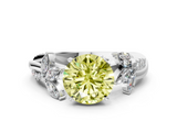 White gold Fancy Yellow Round  Diamond Floral Vine Solitaire Engagement Ring