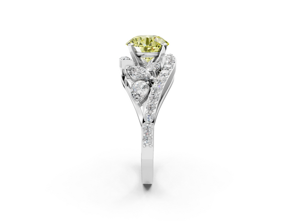 Platinum Fancy Yellow Round  Diamond Halo Ring with Marquise and Pavé Band in Prong Setting