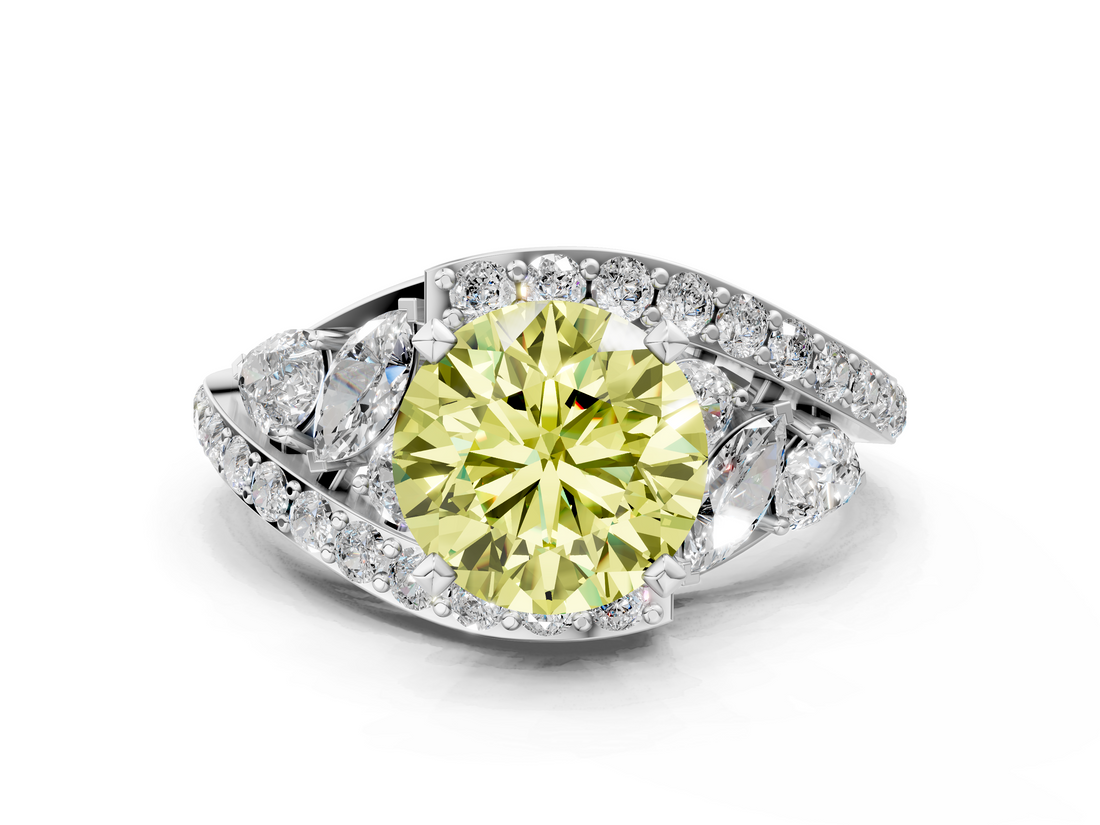 White gold Fancy Yellow Round  Diamond Halo Ring with Marquise and Pavé Band in Prong Setting