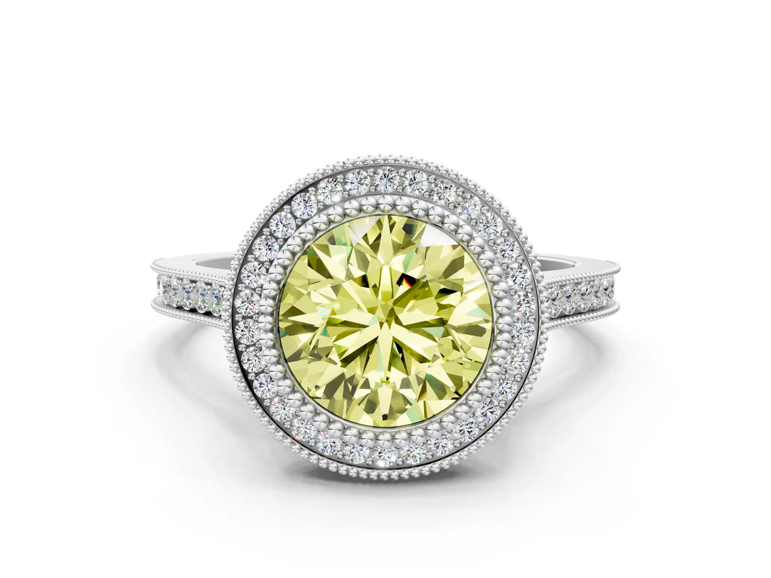 White gold Fancy Yellow Round  Diamond Halo Ring with Milgrain Frame and Pavé Band_23