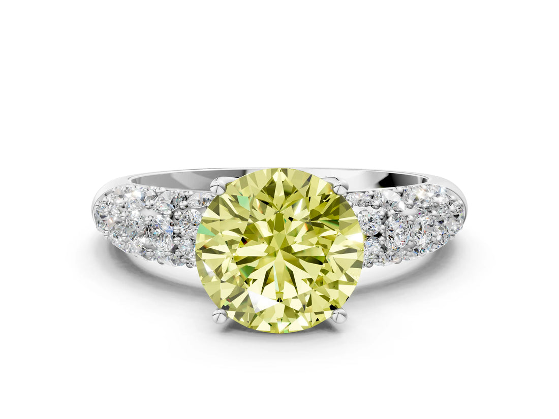 White gold Fancy Yellow Round  Diamond Pavé Band Solitaire Ring with Four-Prong Setting_29