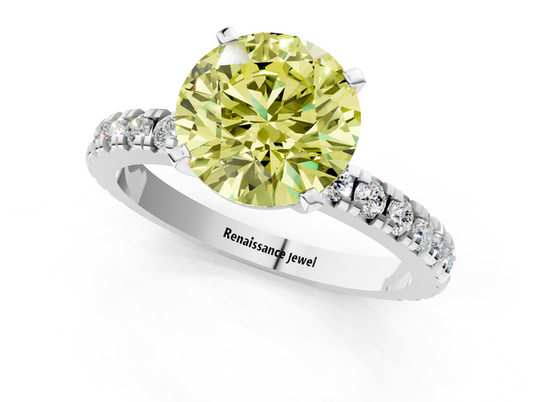 White gold Fancy Yellow Round  Diamond Pavé Band Solitaire with Four-Prong Setting