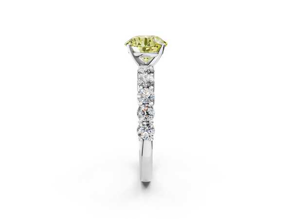 White gold Fancy Yellow Round  Diamond Solitaire Ring with Shared Prong Round Side Stones