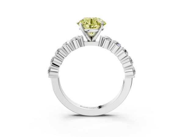 White gold Fancy Yellow Round  Diamond Solitaire Ring with Shared Prong Round Side Stones