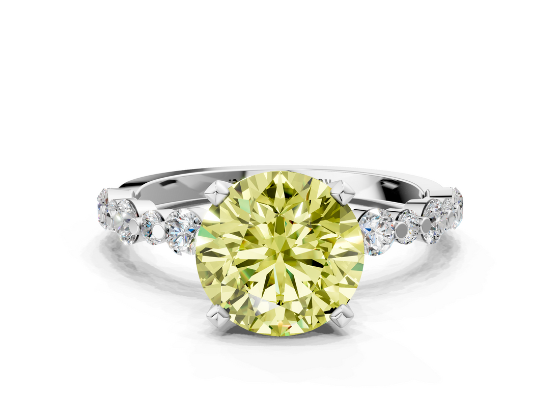 White gold Fancy Yellow Round  Diamond Prong Set Engagement Ring with Pave Band