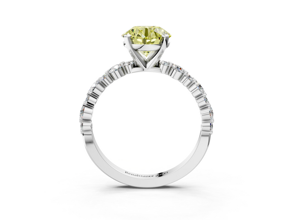 Platinum Fancy Yellow Round Cut Diamond Prong Set Engagement Ring with Pavé Band