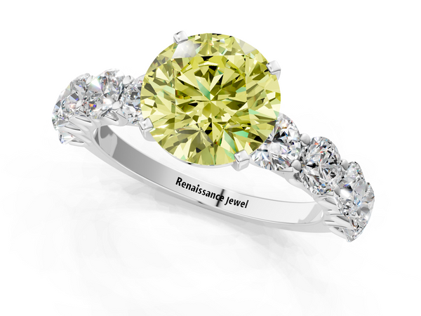 Platinum Fancy Yellow Round Cut Diamond Prong Setting with Side Stones on a Pave Band
