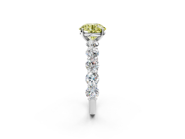Platinum Fancy Yellow Round Cut Diamond Prong Setting with Side Stones on a Pave Band